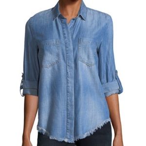 Velvet Heart denim shirt, fray hem, hi low hem, rolled sleeves size M